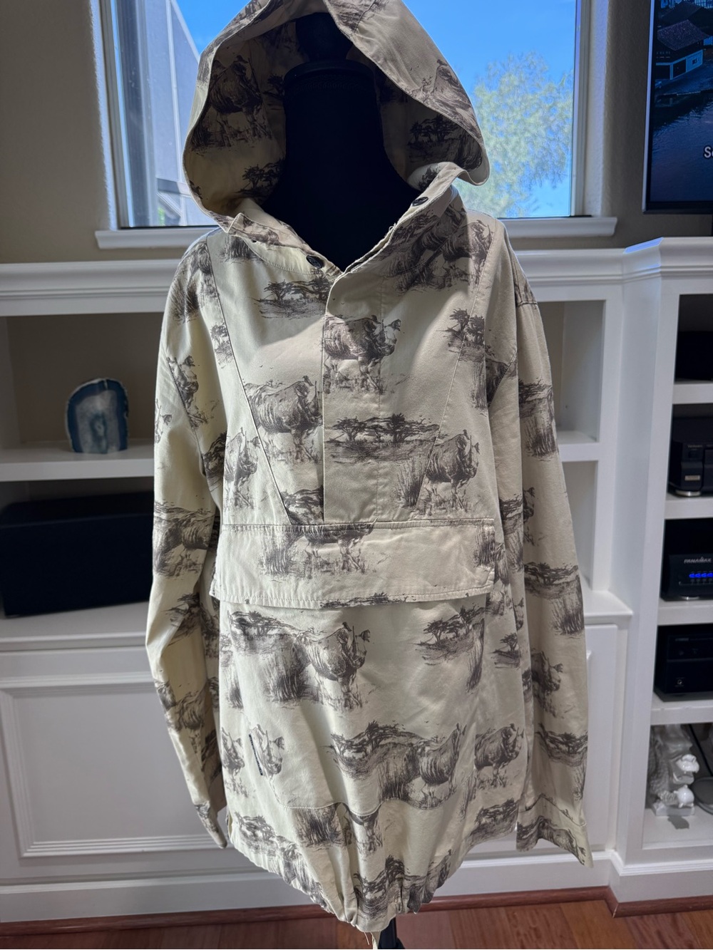 Ecko Unlimited Hoodie Rhino Print MED 90’s Cream Hoodie Brown Wildlife Sketch